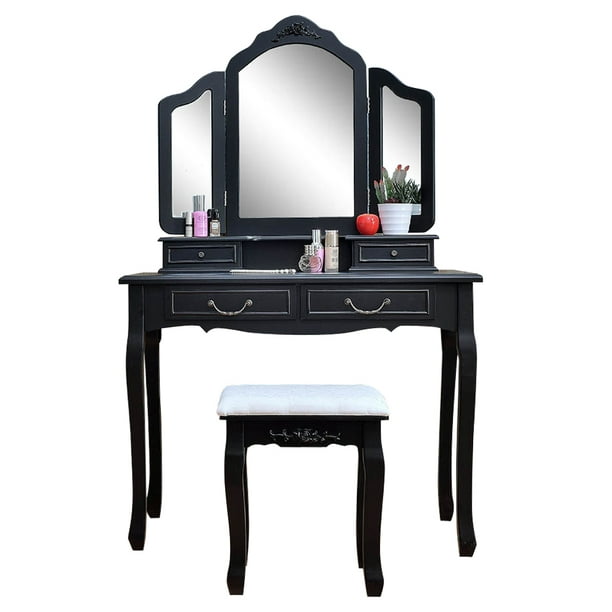 Cushioned Makeup Vanity Stool Black, Black Vanity Table No Mirror