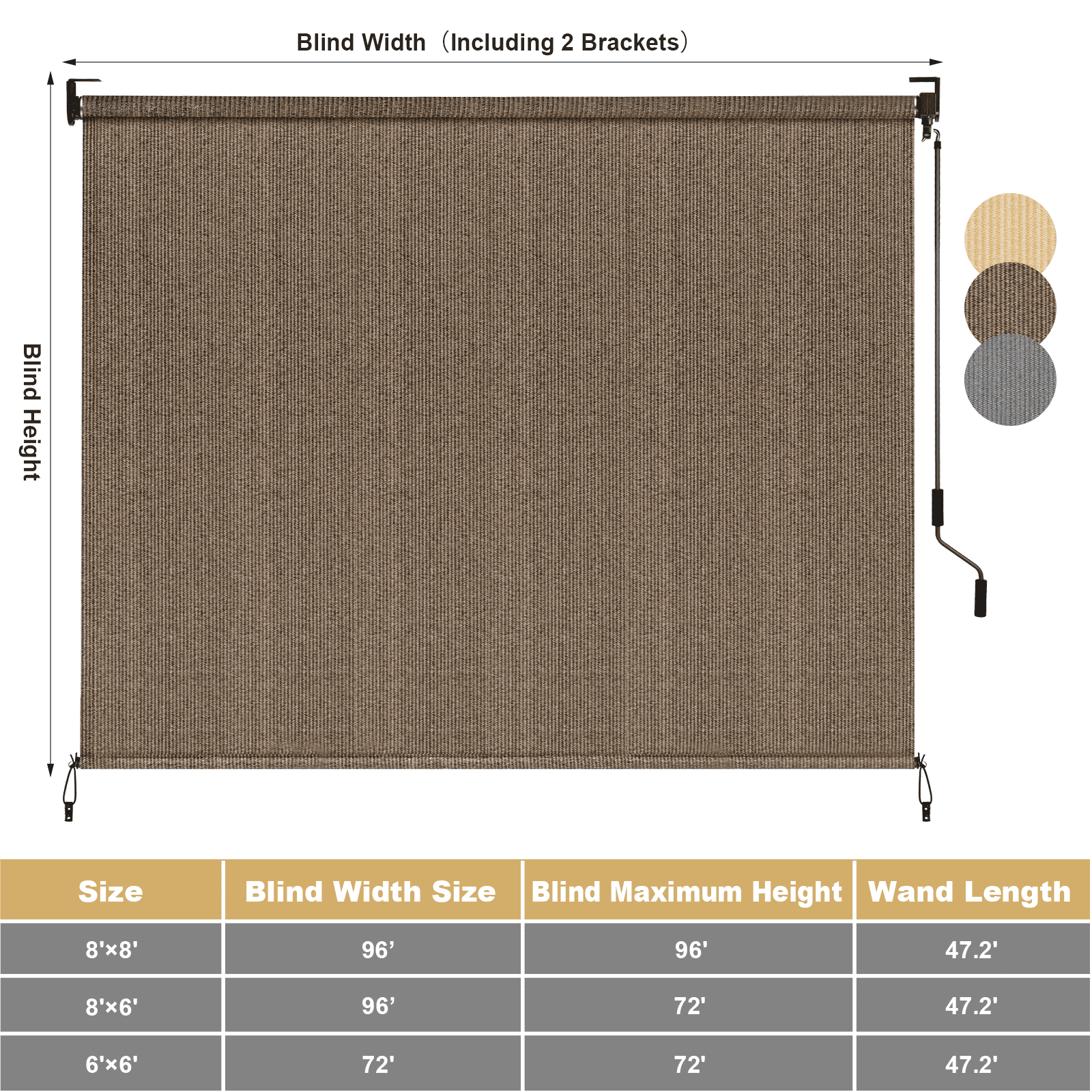 TLGREEN Outdoor Roller Sun Shade 8' x 8', HDPE Shade Cloth, Aluminum Tube（Brown）