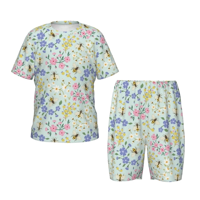 Balery Honey Bees And Flowers Conjunto de Pijama Infantil de Manga Corta con Estampado – Ropa de Dormir de Algodón Suave-X-Large