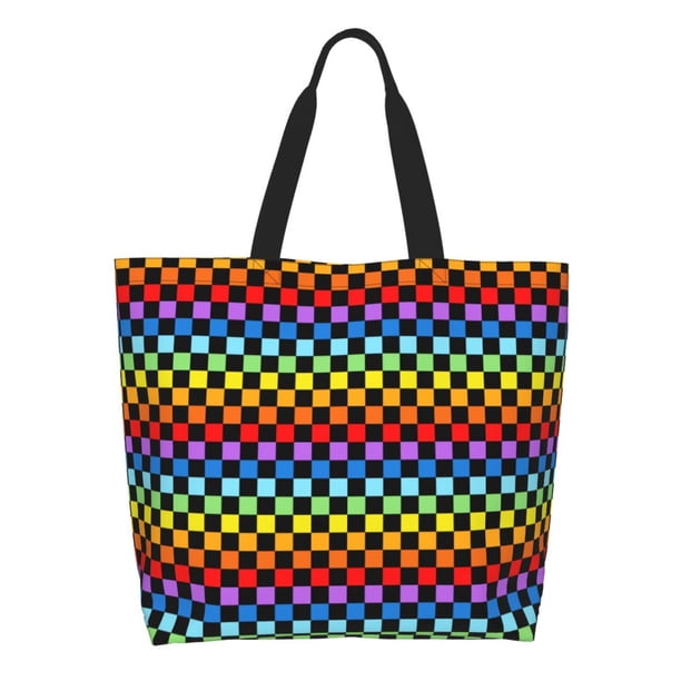 Disketp Rainbow Chequerboard Bolsa Tote Estampada para Mujer, Bolso de Hombro y de Mano para Compras y Viajes