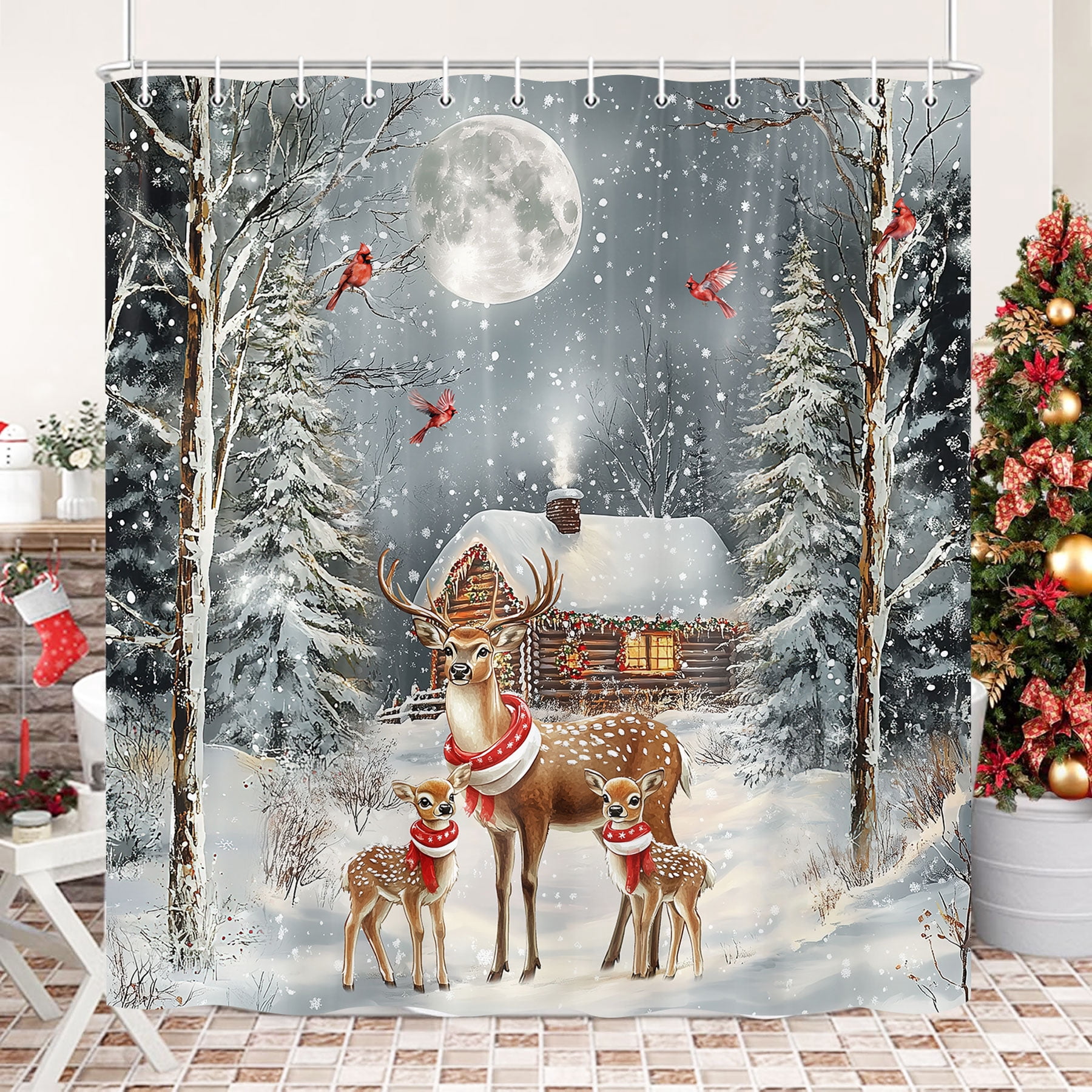Christmas Deer Shower Curtain, Winter Forest Cabin Deer Cardinal Snowflake Scenery Shower Curtains for Bathroom, Rustic Farmhouse Snow New Year Fabric Bathtub Curtain Set with Hooks, 69X70IN