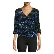 NICOLE MILLER Womens Blue Printed 3/4 Sleeve V Neck Wear To Work Top S
