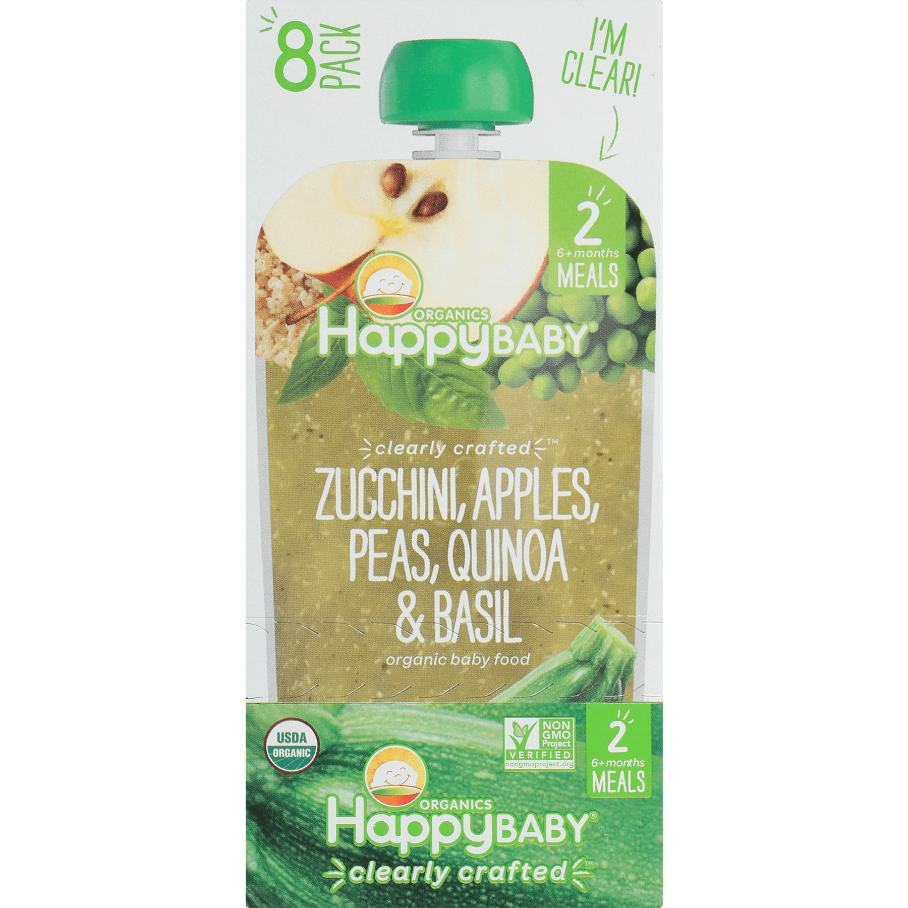 Photo 1 of 8 Pouches Happy Baby Clearly Crafted, Stage 2 Meals, Organic Baby Food, Zucchini, Apples, Peas, Quinoa Basil, 4 Oz Expires October 1 2021