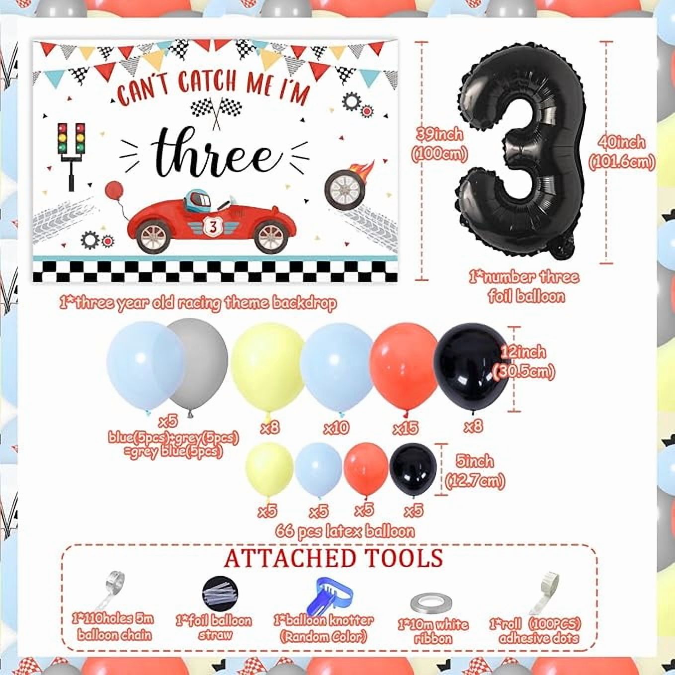 Retro Racing Car 3rd Birthday Party Decorations, Can't Catch Me I'm Three Backdrop, Vintage Race Car Balloon Arch Kit for Boys Girls Racing Themed 3 Years Old Birthday Supplies