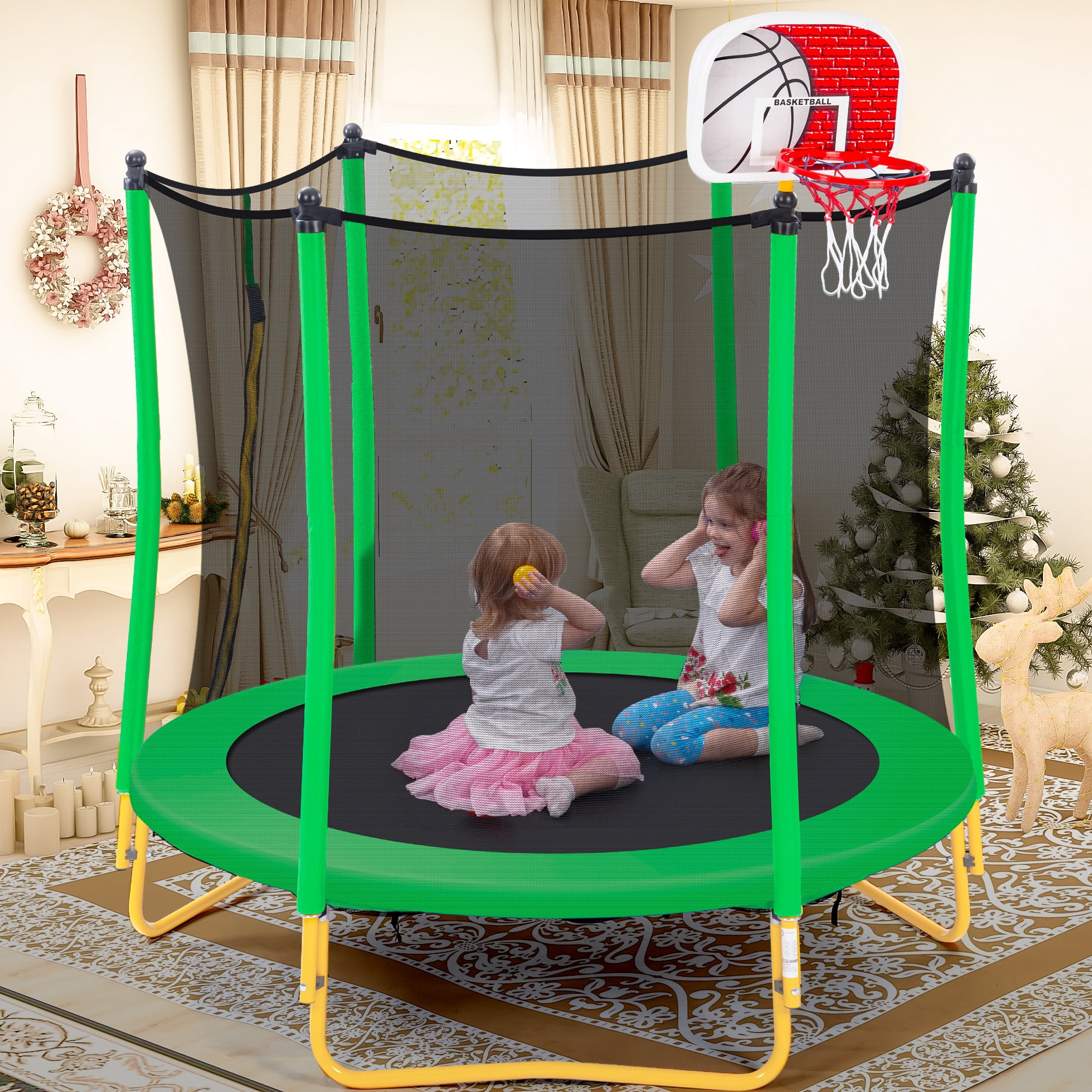 EUROCO 5.5FT Kids Trampoline with Basketball Hoop, Indoor & Outdoor Mini Toddler Trampoline with Enclosure Net, Easy to Assemble