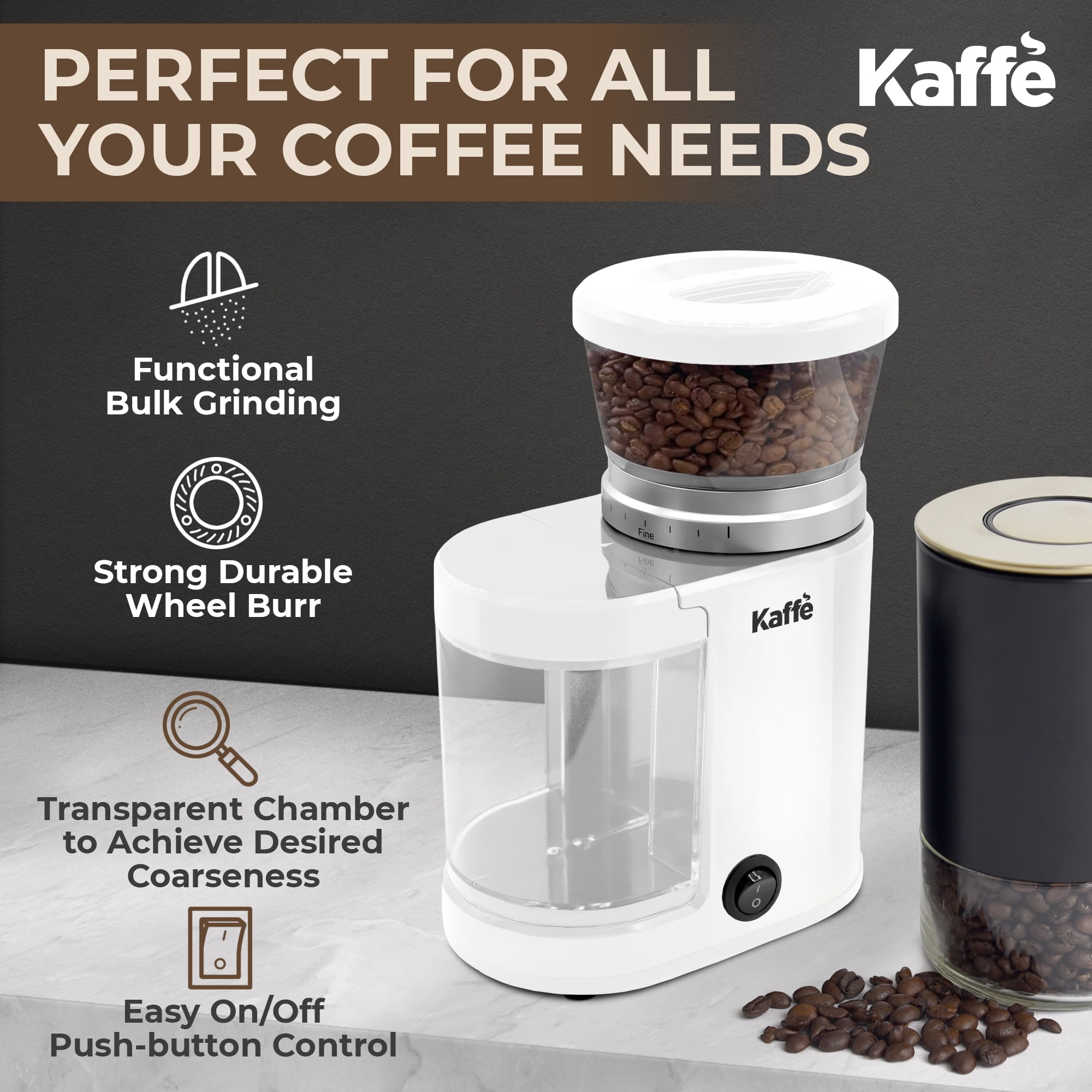 Kaffe Electric Burr Coffee Grinder (5.5oz) w/ Adjustable Coarseness Settings - Flat Burr - [New Upgraded Motor ] - Precision Coffee Bean Grinder for Home Use - White
