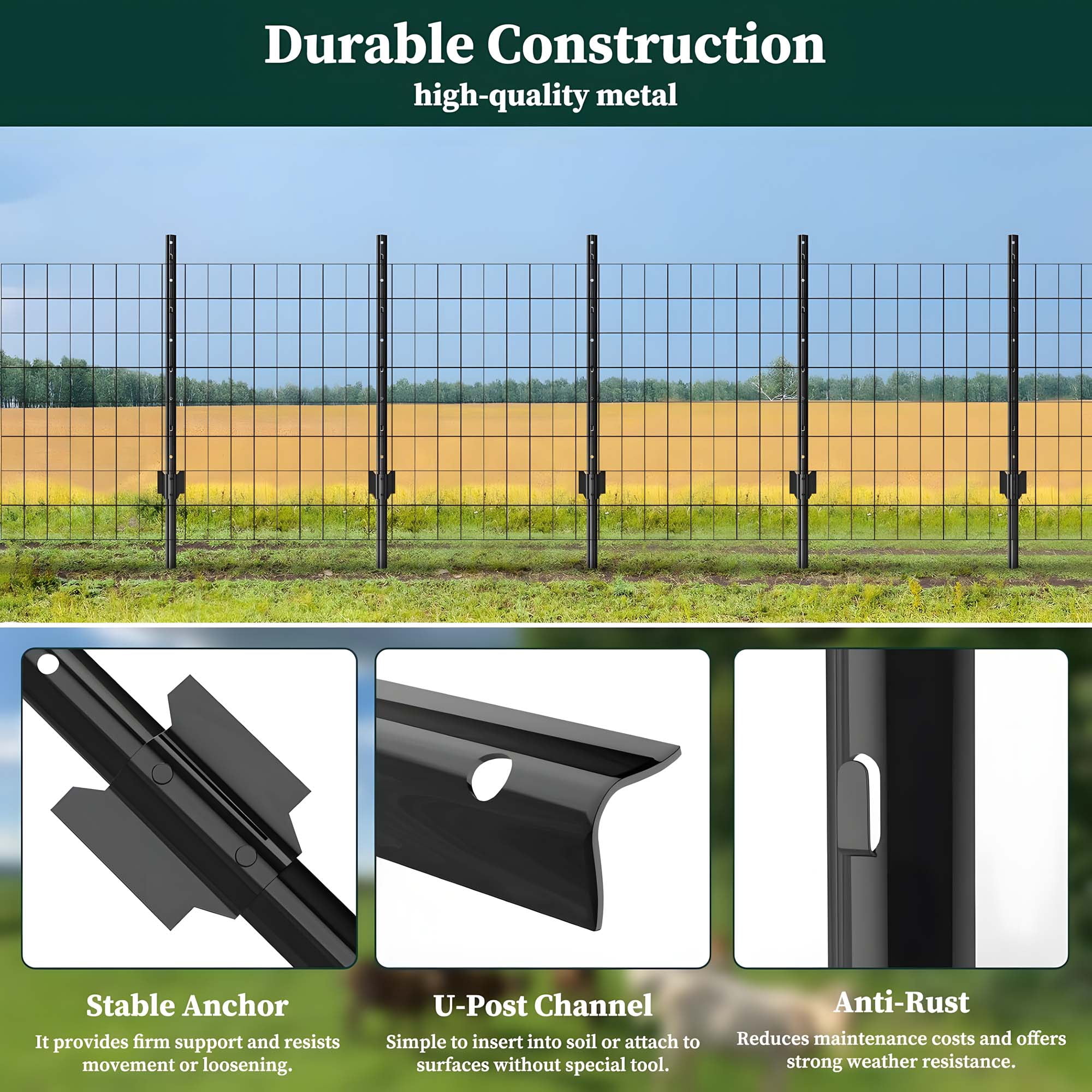 Miniyam 10 Piece Garden Fence Post Set, 4-ft Heavy-Duty U-Shaped Metal Posts for Wire Mesh Fences, No-Dig Temporary Fence Posts, Black