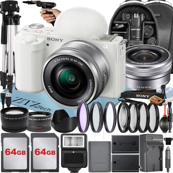 Sony Alpha ZV-E10 Mirrorless Vlog Camera with 16-50mm Lens   2 Pack 64GB Memory Card   Flash   Tripod   Backpack   ZeeTech Accessory Bundle (International Version) (White)