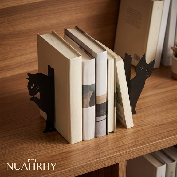 Metal Bookends for Shelves, Peeping Cat Decorative Book Ends for Heavy Books, Sturdy Iron Book Stoppers with Nonslip Pads, Black Cat Book Holder for Home Office Desk, 1 Pair