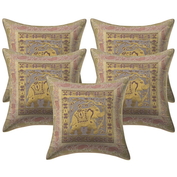 Stylo Culture Ethnic Couch Throw Pillow Covers 16x16 Jacquard White Square 40cm x 40cm Home Decor Brocade Elephant Floral Zippered Cushion Covers | Set Of 5