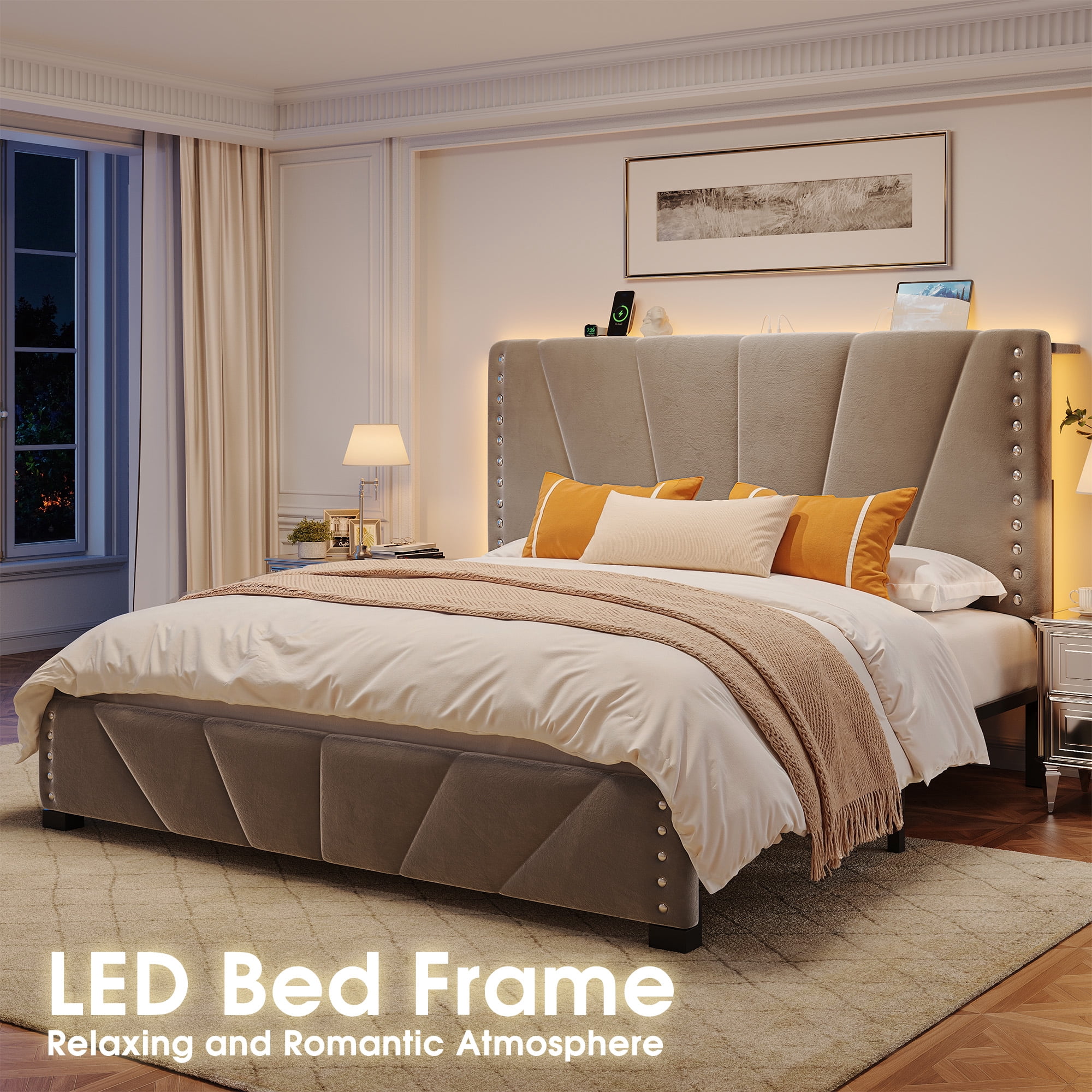 Romorgniz Queen Size Bed Frame with Underbed Storage Upholstered Bed Frame with Adjustable Headboard & LED Light & Charge Station ,Gray