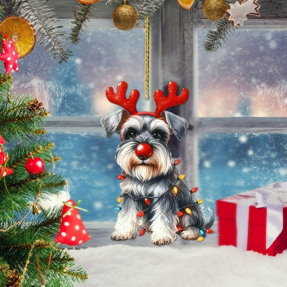 Seyotauo Animals 2D Flat Christmas Ornament, Yorkie Christmas Hat Reindeer with String Lights Pine Tree Decor, Hanging House Charm Eve Keepsake, Car Rear View Mirror Accessories, Xmas Gift