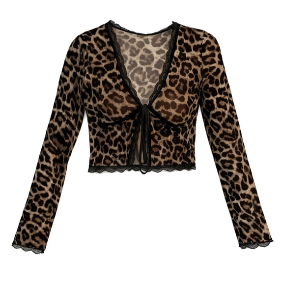 JIKNTTR Women's Leopard Print Tee Crop Top Deep V Neck Tie Front Blouse Long Sleeve T Shirts Slim Fit Cropped Tshirt Fashion Tops Versatile Tee Blouses