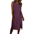 thumbnail image 3 of CHGBMOK Womens Casual Linen Dress Crew Neck Sleeveless Maxi Dresses Solid Loose Summer Dress Vacation Beach Outfits, 3 of 7
