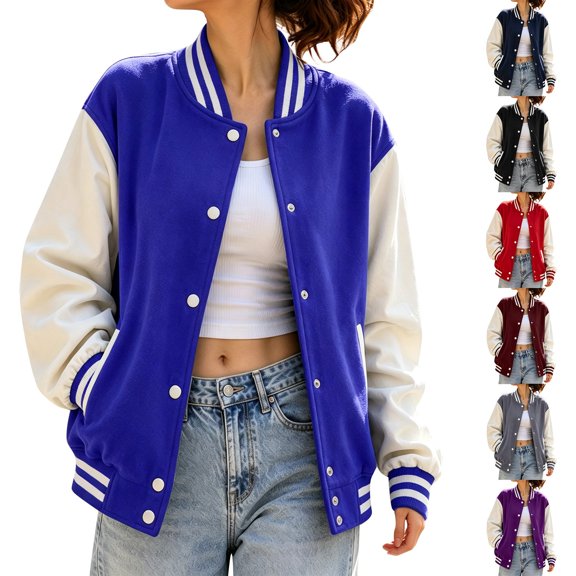 Breezora Women Loose Striped Long Sleeve Button Down Baseball Jacket Rib Cuff with Side Pockets Fall