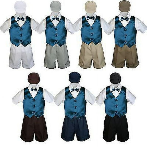 Boy Toddler Formal Green Teal Vest Bow Tie White Khaki Black Hat 5pc Set sz S-4T