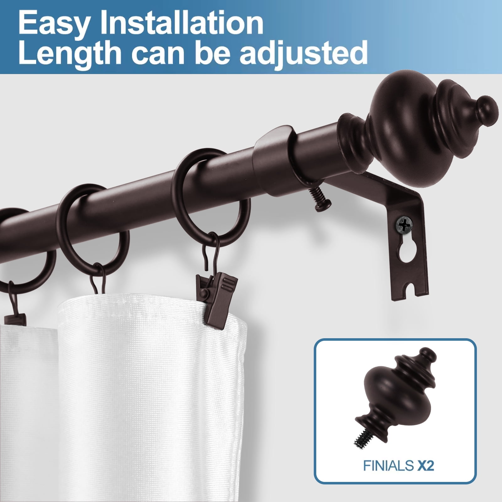 Urbanest Round Urn Curtain Rod Set With 24 Rings, 5/8", 84"-120", Bronze