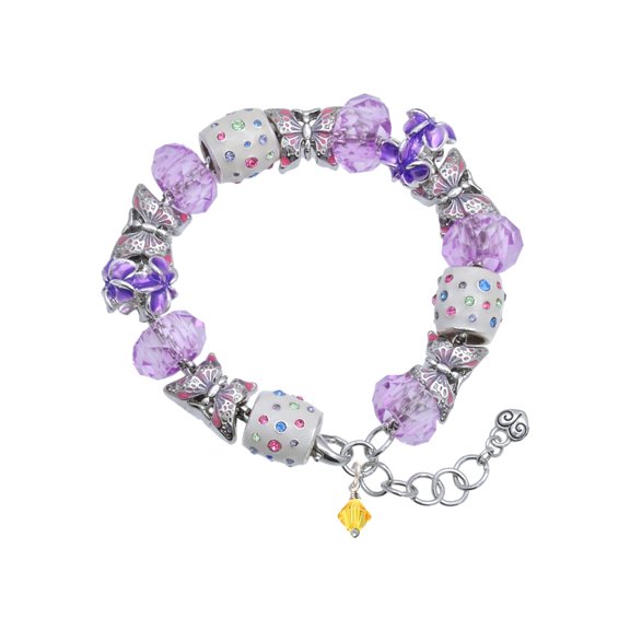 Delight Jewelry Sunflower Crystal Bicone Purple Butterfly Bead Charm Bracelet, 7" 1" Extender