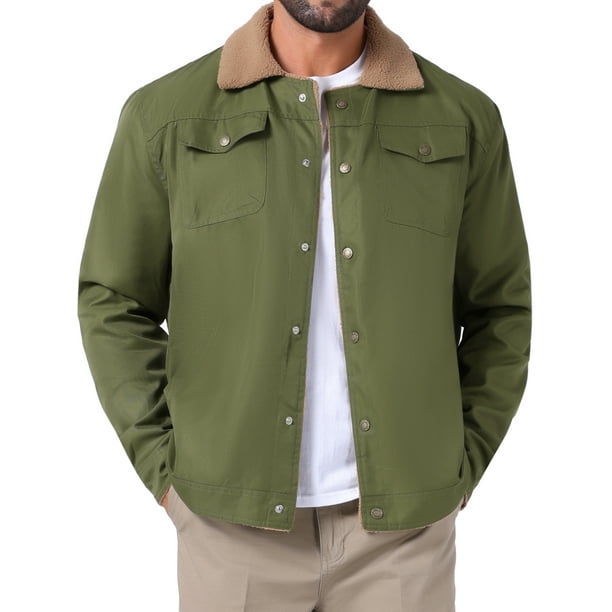 Abrigo de invierno INSPIRE CHIC para hombres, con cuello, botones en la parte delantera, forro de felpa, bolsillos, chaqueta de camionero, 2XL, verde oliva