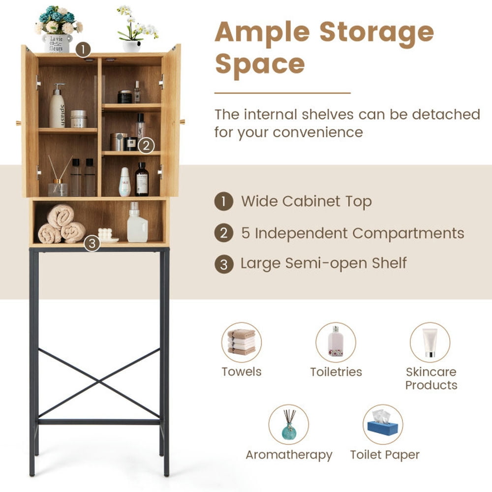 Finihen Toilet Storage Cabinet, Bathroom Cabinet Organizer, Over The Toilet Storage Cabinet with Rattan Doors and Shelves, for Bathroom, Natural