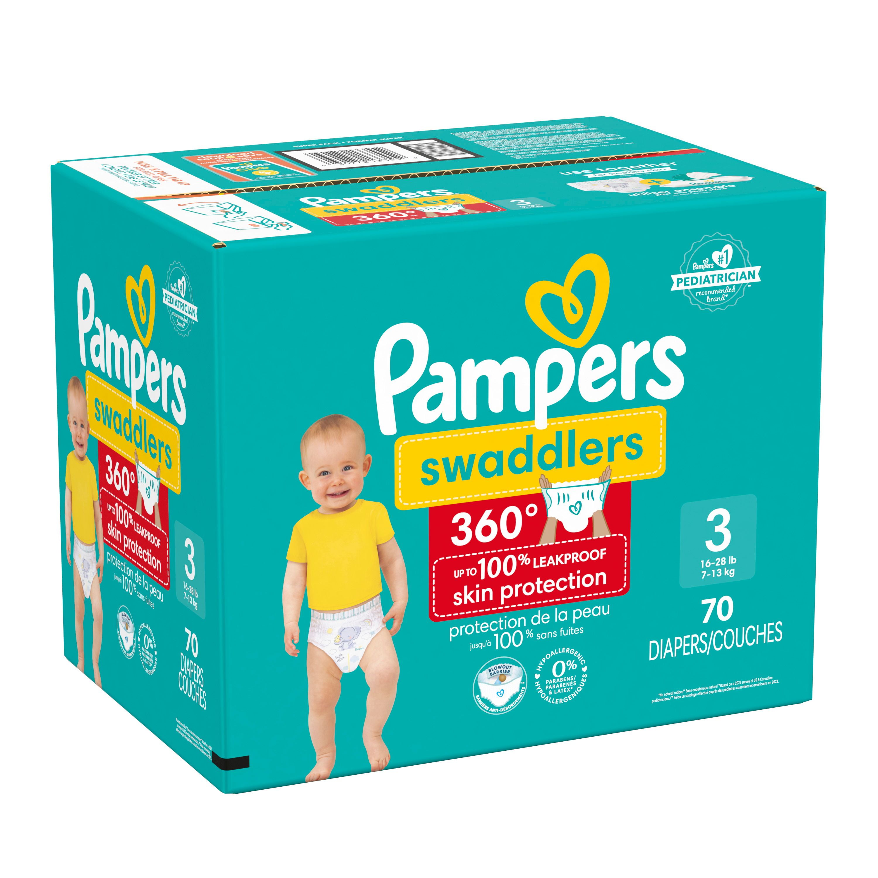 Couches Pampers Swaddlers 360°, ajustement confortable et au sec, jusqu’à 100 % sans fuites, rabats rapides conçus pour faciliter les changements, couche à enfiler, taille 3