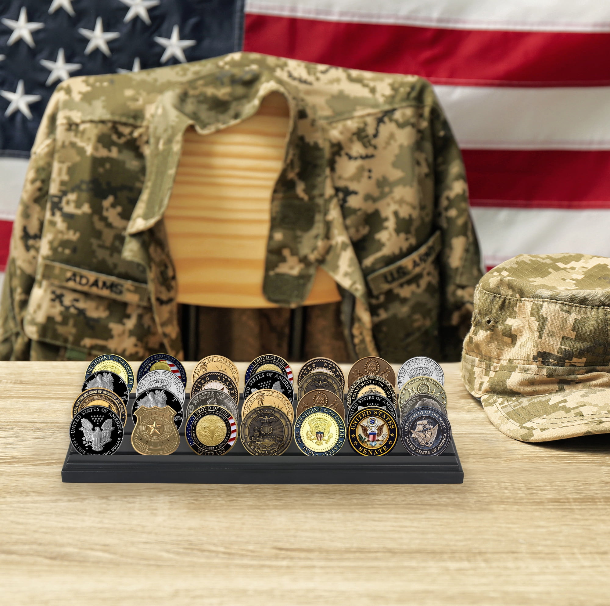 Americanflat 12x4 Picture Frame Challenge Coin Display Rows Military Stand Solid Collectible Holder - Black