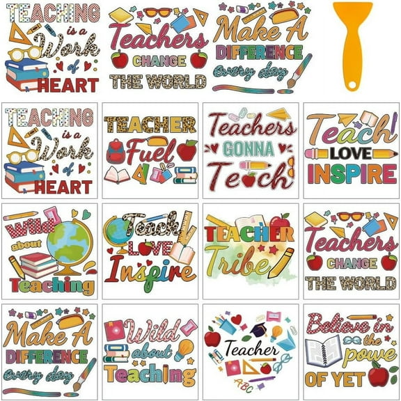 12 Sheets PVC Transfer Stickers 14cm (5.51 Inches) Square Teacher Appreciation Theme Sticker Set