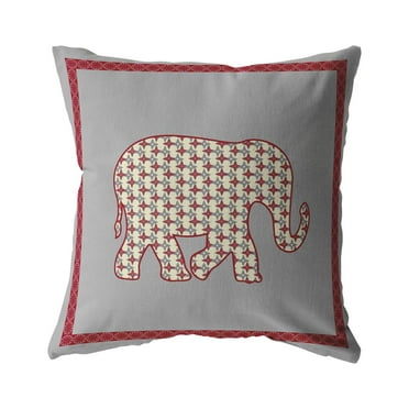 Light Elephant Broadcloth Indoor Outdoor Zippered Pillow Red on Gray