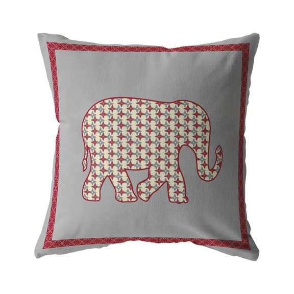 Light Elephant Indoor/Outdoor Fabric Pillow with Zip in Red on Gray16x16
