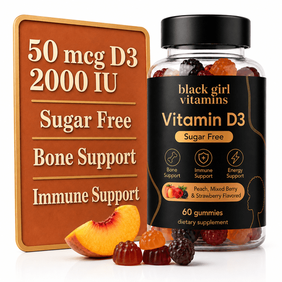 Black Girl Vitamins - Sugar Free Vitamin D3 Gummies, for Immune, Energy, and Bone Support, 2000IU (50mcg) Vitamin D per Serving, Gluten-Free Vitamin D Gummies