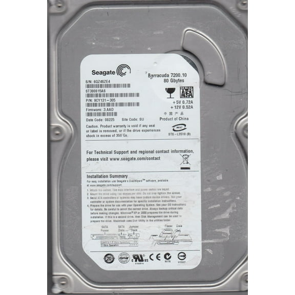 ST380815AS, 6QZ, SU, PN 9CY131-305, FW 3.AAD, Seagate 80GB SATA 3.5 Hard Drive