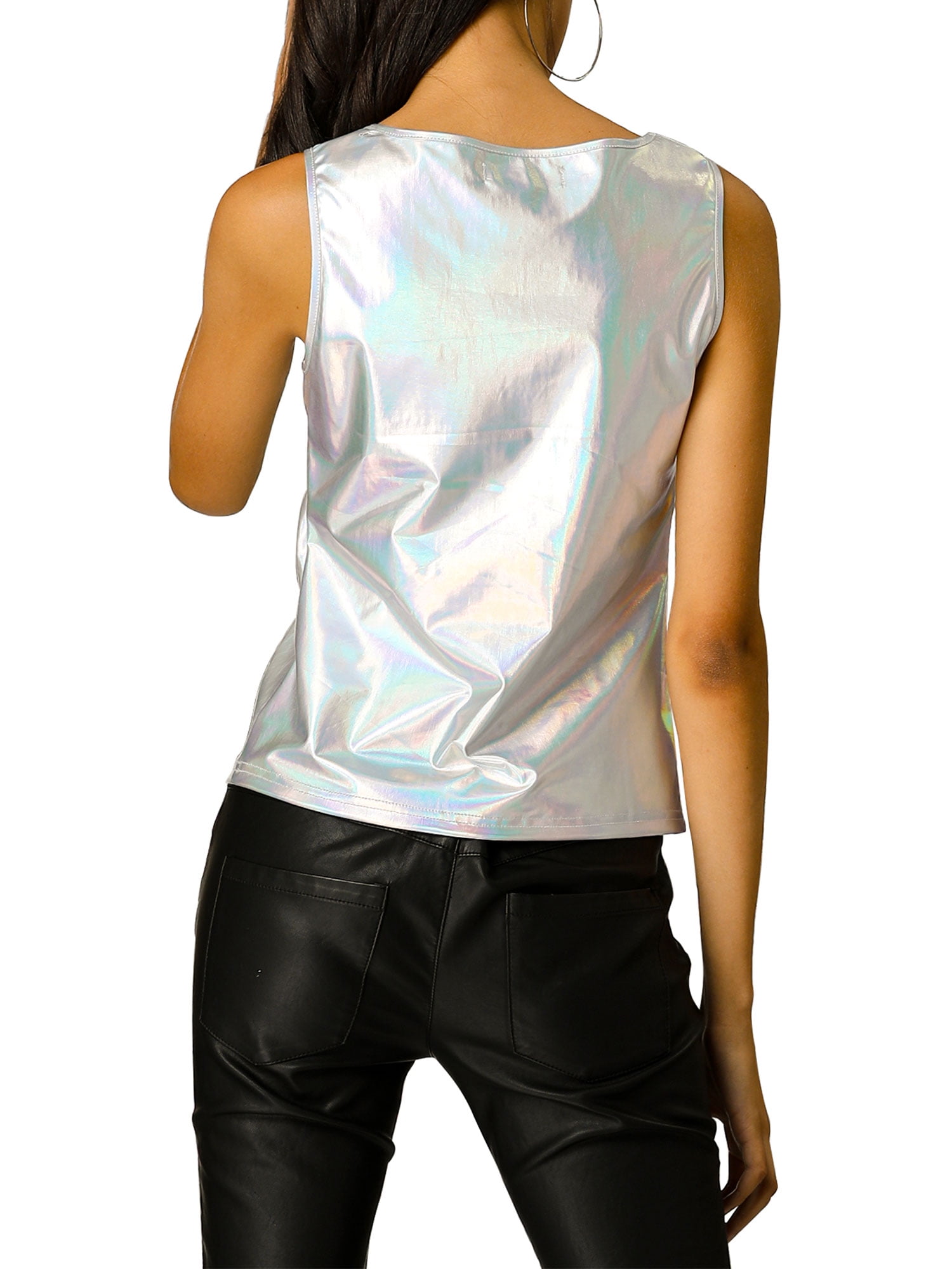DARING DIVA Women's Sleeveless U Neck Sparkly Metallic Tank Top XL Silver Pink