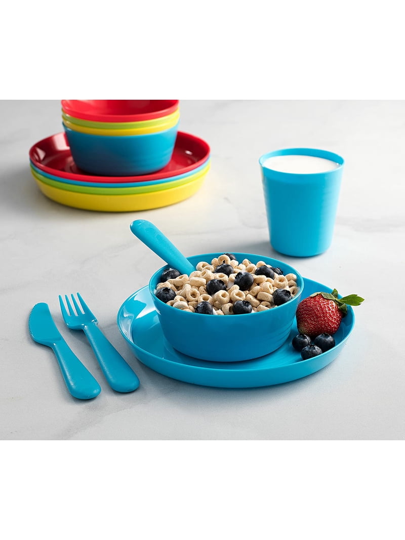Plaskidy Kids Dinnerware Set for 4, 24 Piece BPA Free Microwave