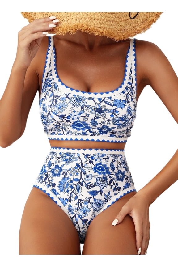 Women's Bikini Sets Floral Print Whip Stitch 2 Piece Swimsuits High Waisted Scoop Bathing Suits