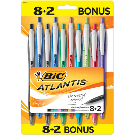 BIC Atlantis Original Retractable Ballpoint Pen, Medium Point (1.0mm), Assorted Colors, 8+2 Pack