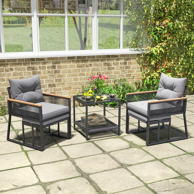 Costway Ensemble de Conversation Extérieur 5 Pcs Fauteuils en Rotin avec Table d'Appoint à 2 Niveaux