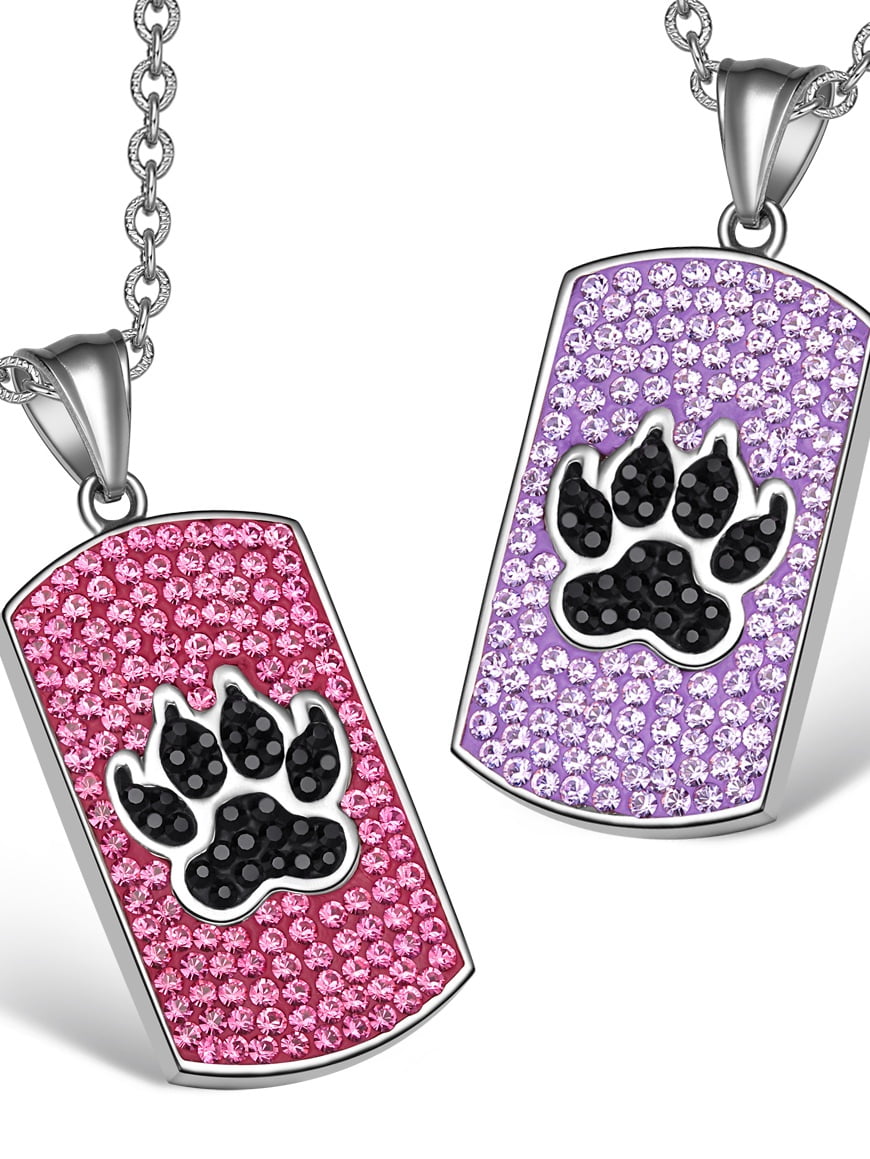 Heart and Wolf Paw Austrian Crystal Love Couples Best Friends Dog Tag Rainbow White Cherry Red Necklaces