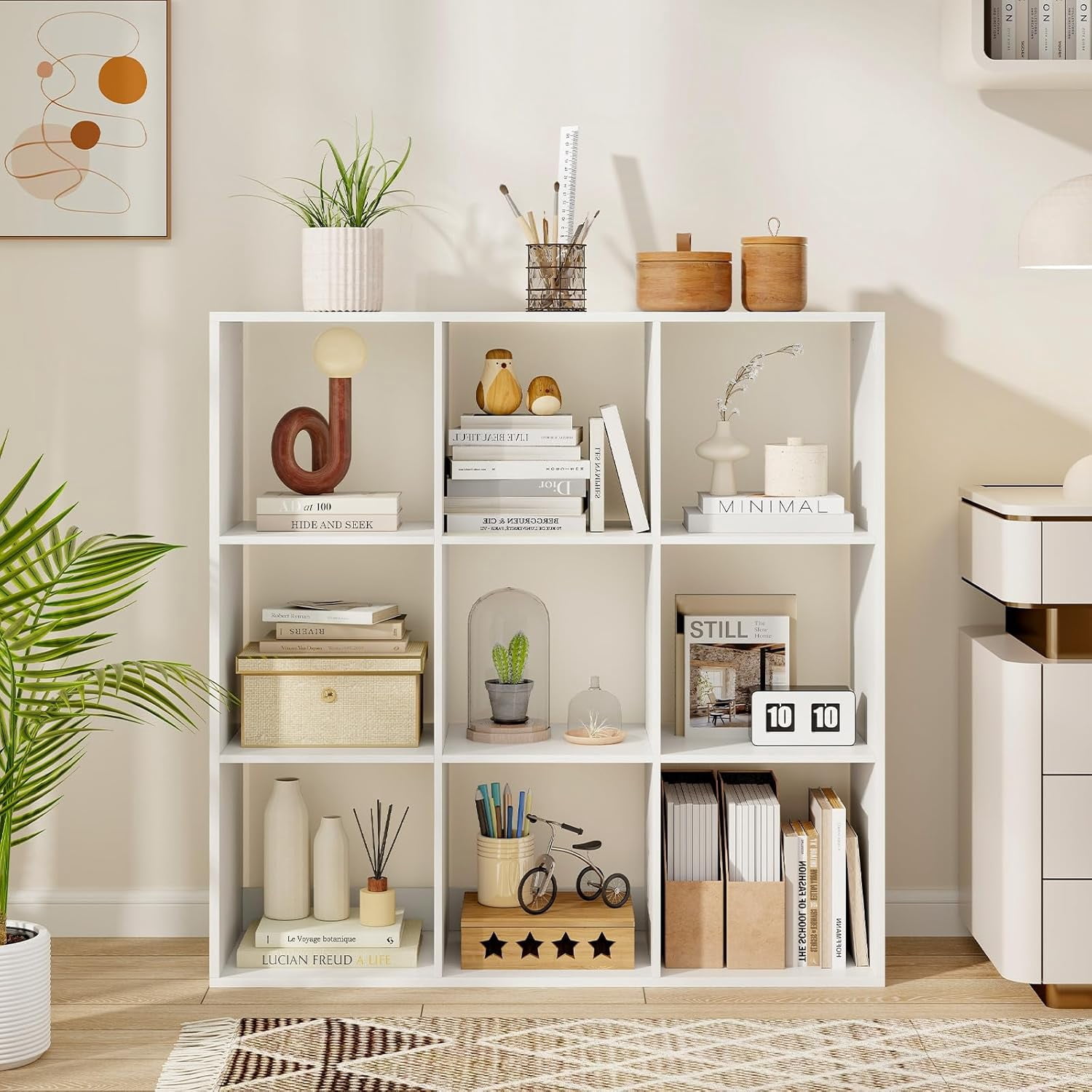 XiangJi 9-Cube Bookcase, 4-Tier Bookshelf with Open Compartments, Freestanding Cube Storage Organizer with Anti-Toppling Kits, Modern Display Shelf for Living Room, Study, Office, White (1,9-Cube)