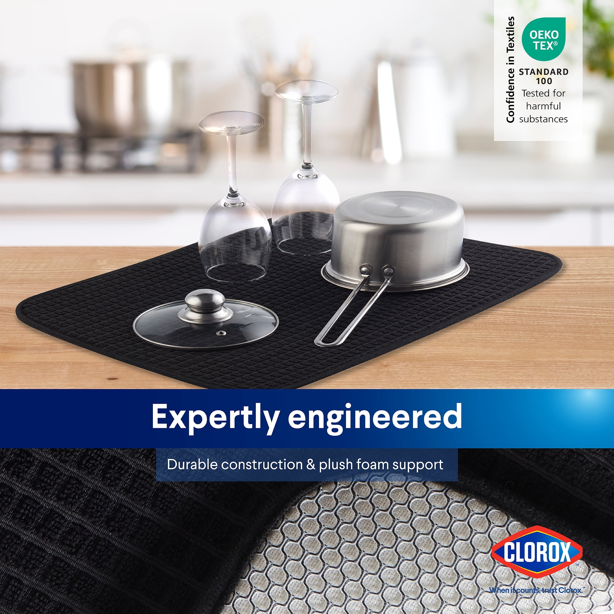 Clorox Dish Drying Mat, Absorbent Microfiber, 50% Recycled for Kitchen, 15" x 20" Black