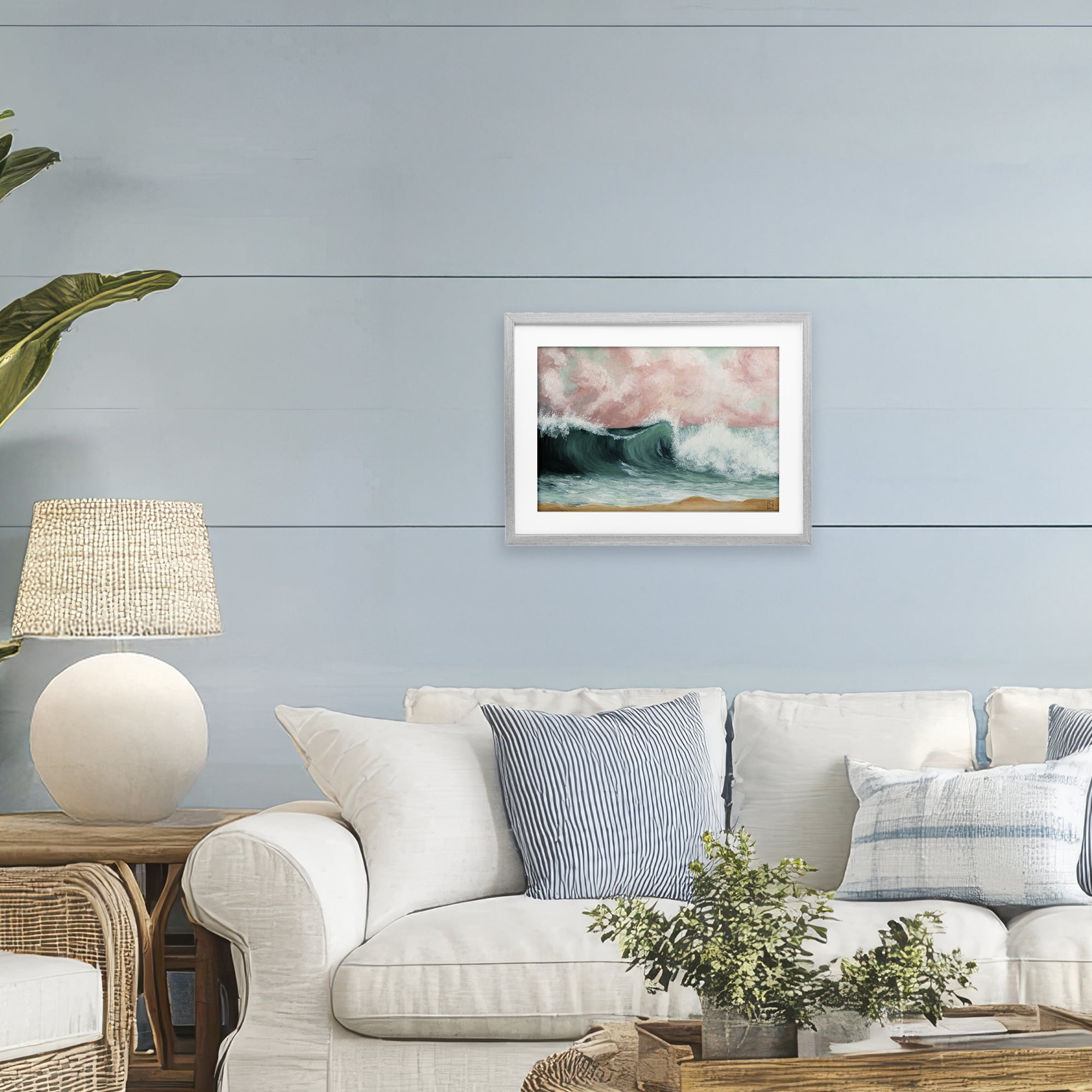 Crashing Seascape Waves Gray Framed Print Under Glass, design by Sara Culpepper