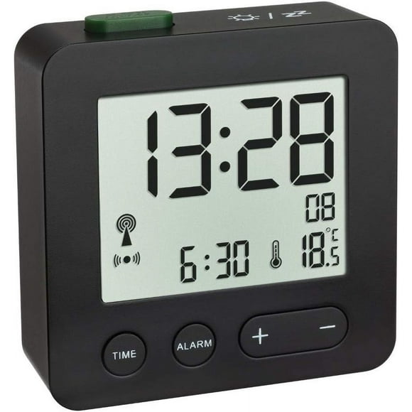 Digital radio-controlled alarm clock, with adjustable time zone, alarm clock with temperature display, black