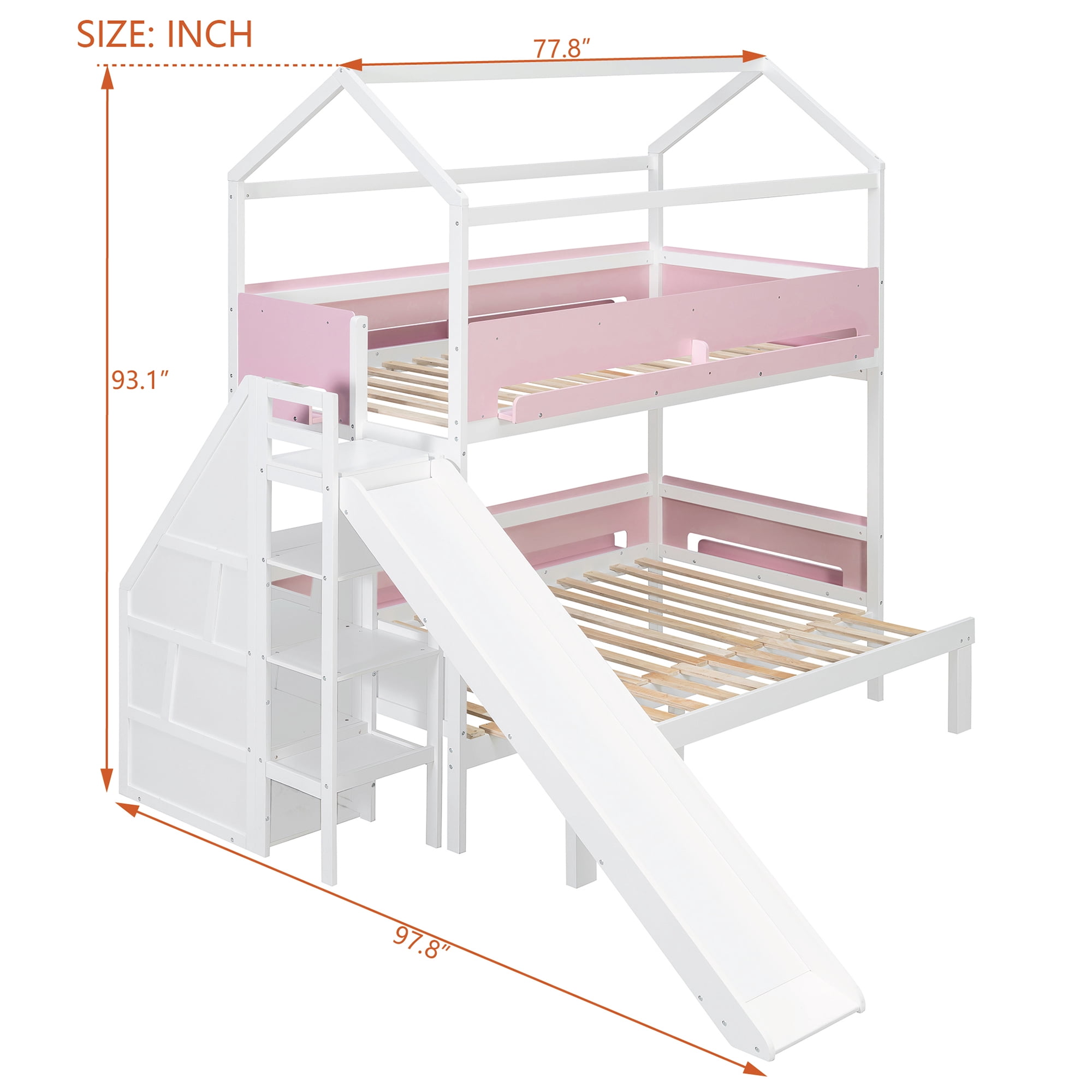 Mintazer Kids Twin Over Full Bunk Bed House-Shaped Bed Frame with Slide & Storage Staircase for Children Bedroom, Pink