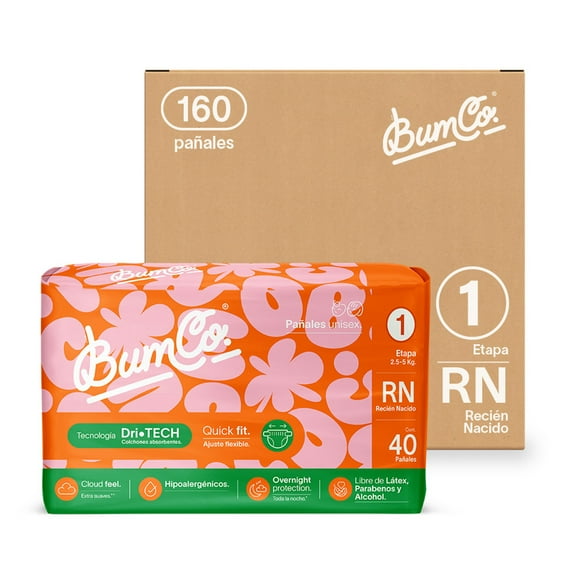 Bum Co.| Pañal desechable para bebé, Etapa 1, Recién Nacido (2.5 a 5 kg), Unisex, Caja con 160 pz | Overnight Protection, Cloud Feel, Hipoalergénicos, Dri-Tech