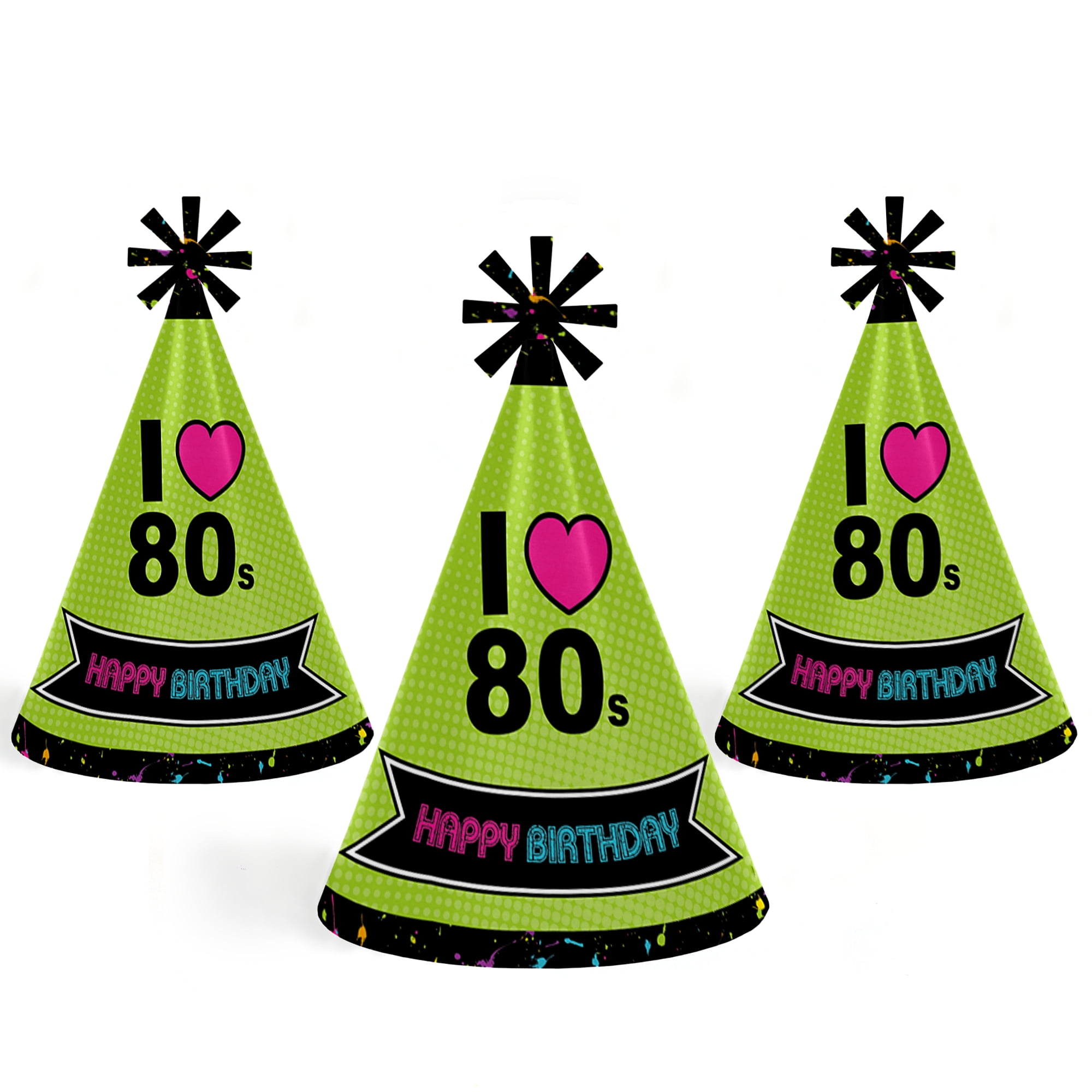 80's Retro Cone Happy Birthday Party Hats for Kids and Adults Set