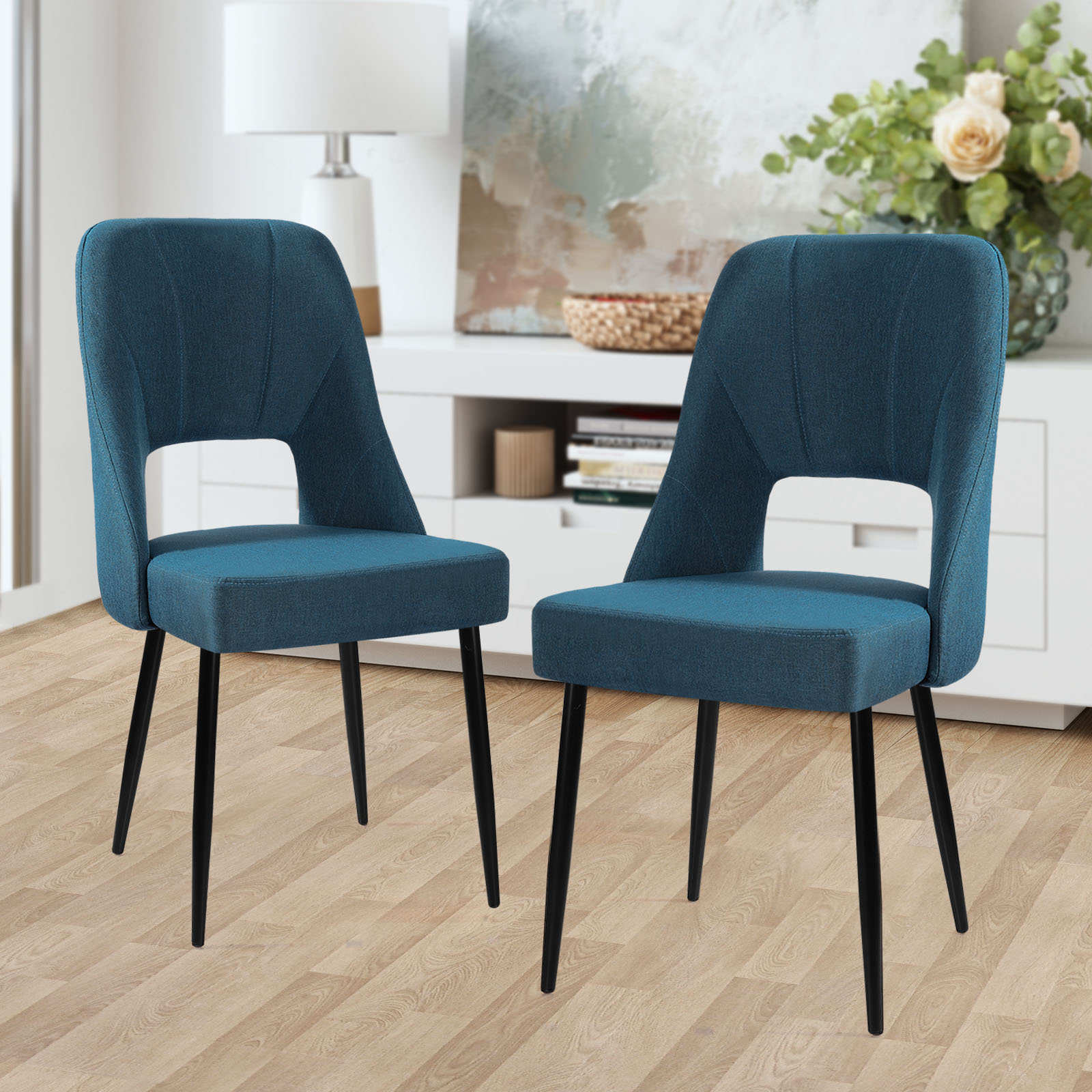 Linen Upholstered Dining Chairs Set of 2 Mid Century Modern Dining Room