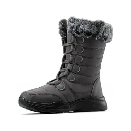 

Wazshop Ladies Plush Snow Boots Lace Up Winter Shoes Warm Lining Mid Calf Boot Comfort Round Toe Womens Thick Sole Casual Gray 5