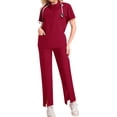 thumbnail image 2 of Ktyne Ensemble de Sarraus Rouges pour Femmes, Uniforme d'Infirmière Extensible à Manches Courtes, Pantalon Jogger de Yoga, Tenue de Sarrau de Couleur Unie avec Multiples Poches, Bourgogne TG, 2 of 3