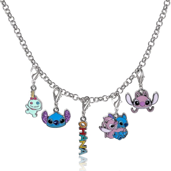 SALLY ROSE Stitch Necklace for Women with 5 Interchangeable Lilo and Stitch Charms, 18" 3" Fashion Stitch Jewelry Official License