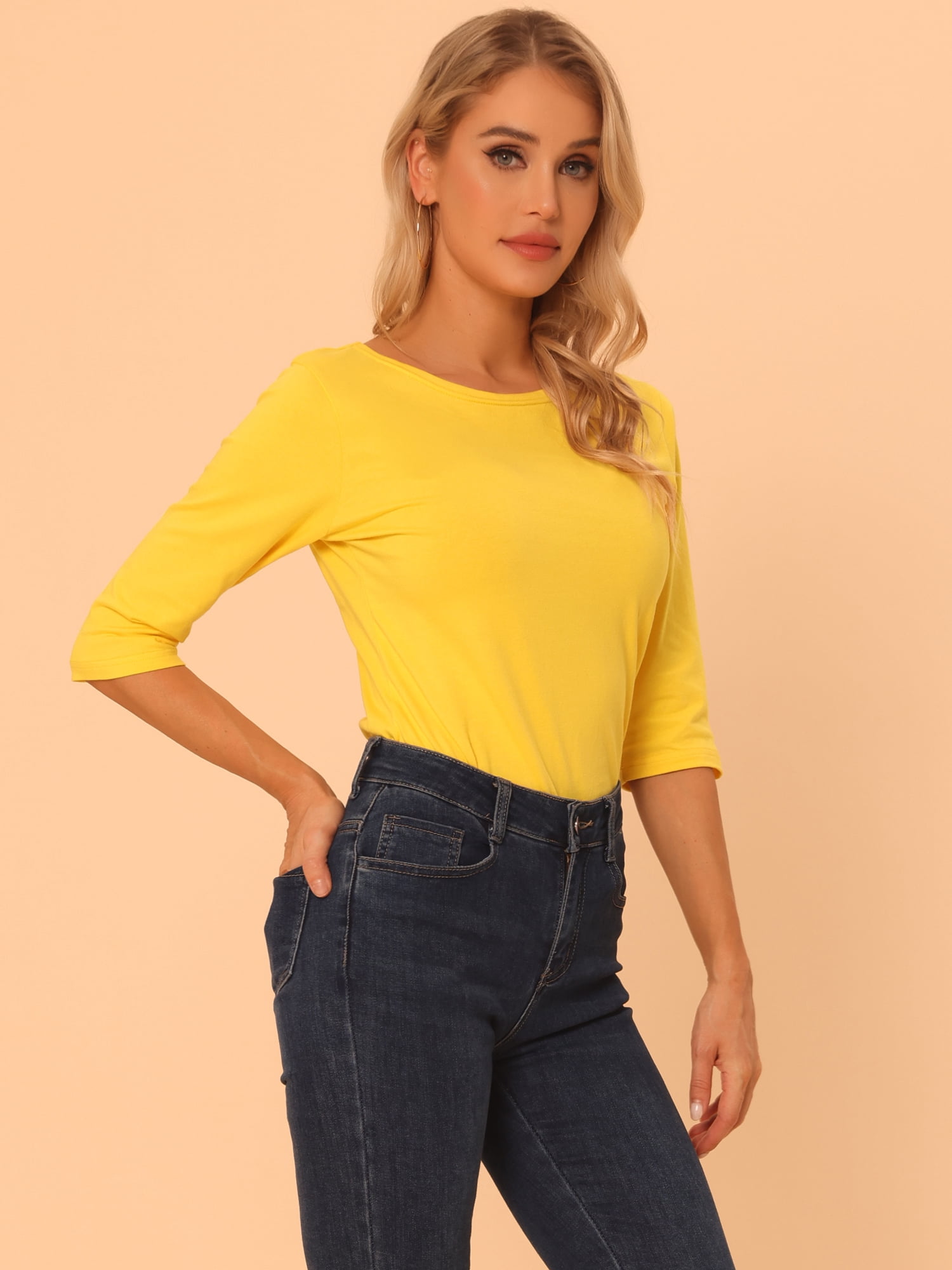 DARING DIVA Women's Elbow Sleeves Boat Neck Slim Fit Classic Tee S Yellow