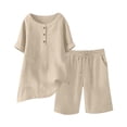 thumbnail image 4 of Women's Half Placket V Neck 3/4 Sleeve Top Drawstring Pocket Bermuda Shorts 2 Piece Outfit, Solid Summer Beach Casual Matching Set Beige XL(XL), 4 of 7